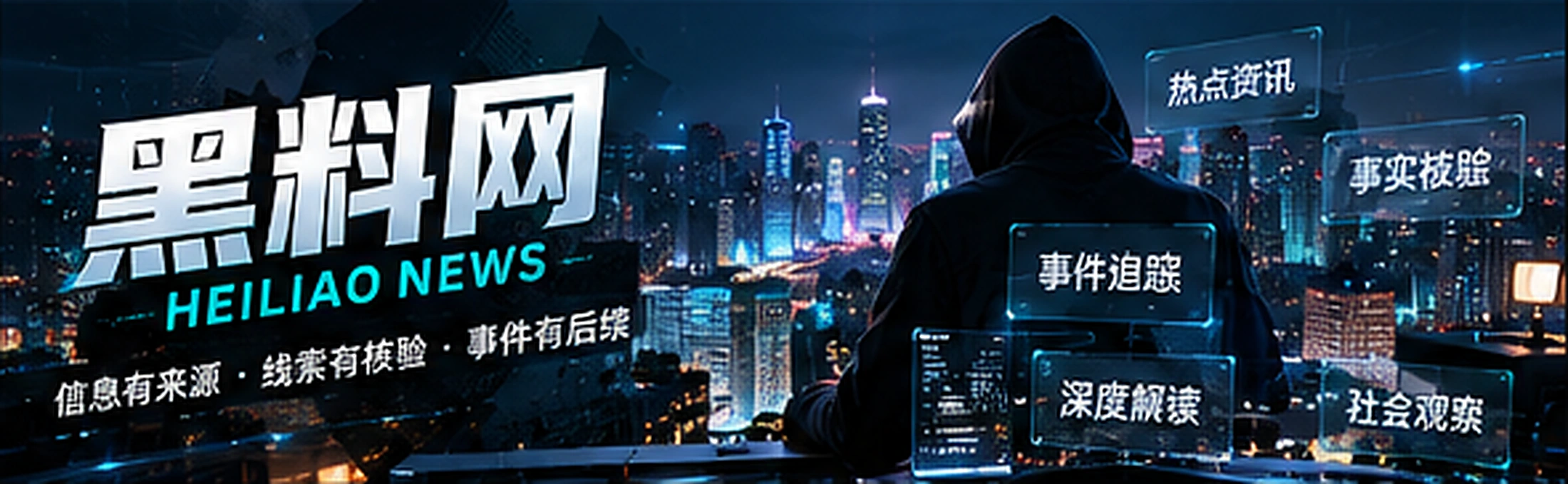 黑青色资讯编辑室与城市光影概念视觉
